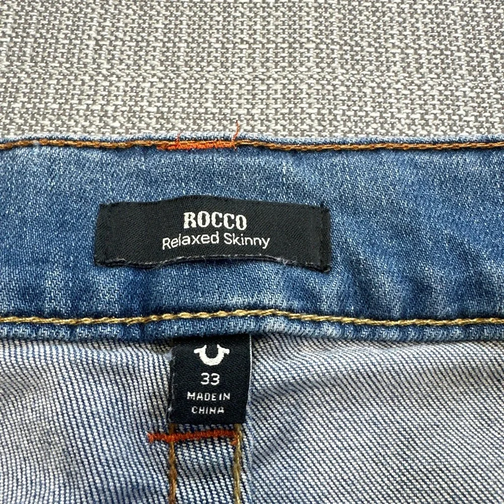True Religion Rocco‎ Relaxed Skinny Jeans 33 x31 Blue Faded Whiskered Stretch